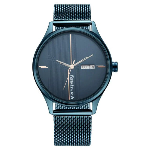 Fastrack Style Up Quartz Analog with Day and Date Blue Dial Stainless Steel Strap Watch