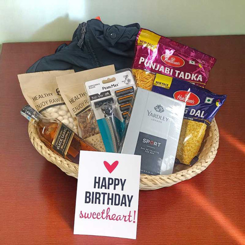Windcheater Birthday Hamper for Him with Black Label Whisky, Snacks & Grooming Essentials