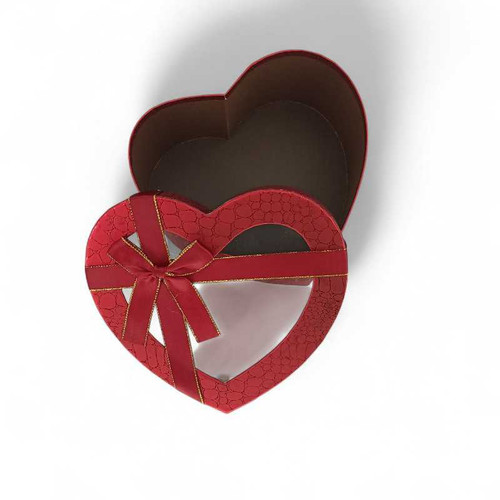 Red Heart Shaped Transparent Cover Box With Bow - Large
