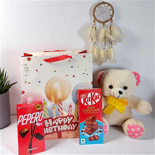 Birthday Gift with Teddy, Chocolates & Dreamcatcher