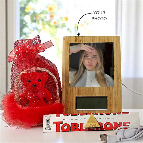 Charming Gift Set With Red Teddy Basket, LED Photo Frame And Toblerone
