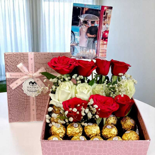 Elegant Rose And Chocolate Gift Box with Personalized Photo Card