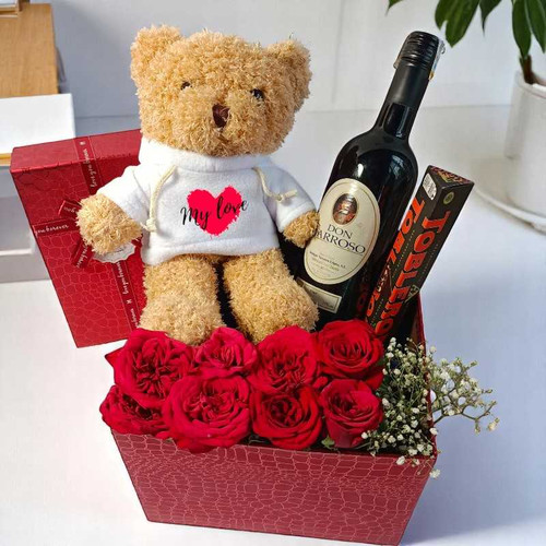 Romantic Treats in a Red Box With Teddy, Dark Chocolate & Roses