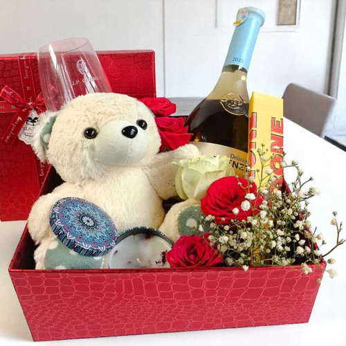 Romantic Gift Set with Roses, Beverage and Cuddle Combo