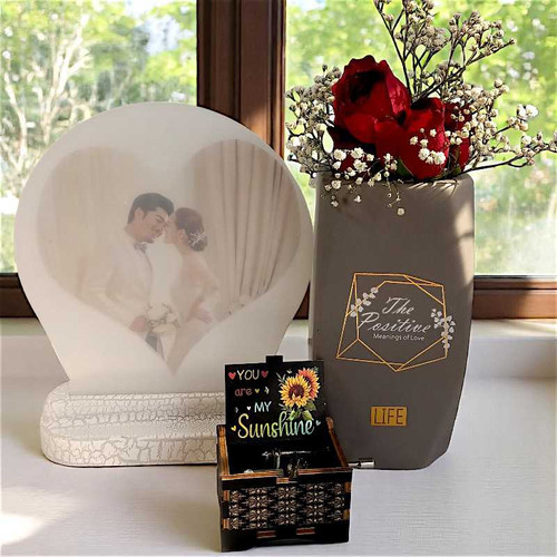 Romantic Gift Set with LED Photo Frame & Roses in a Floral Vase