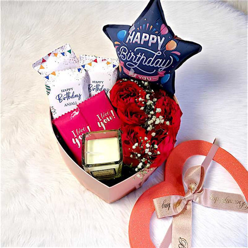 Birthday Surprise Gift Box with Roses, Candle & Chocolates