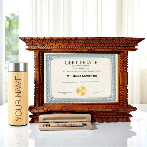 Personalized Gift Set – Wooden Frame, Bamboo Bottle And Pen
