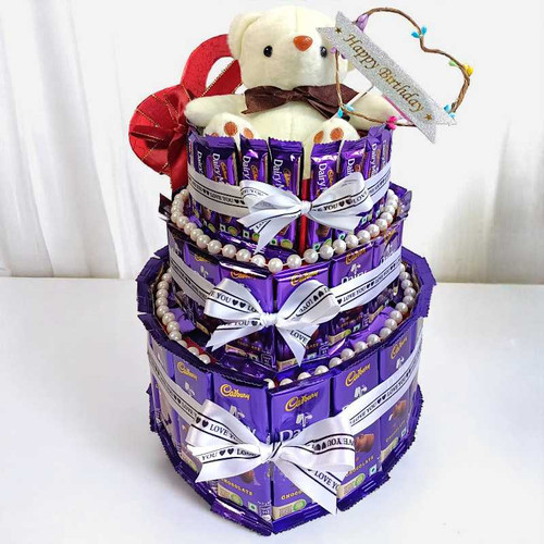 Cadbury Heart Box Tower With Teddy Bear And Birthday Topper Cadbury Heart Box Tower With Teddy Bear And Birthday Topper