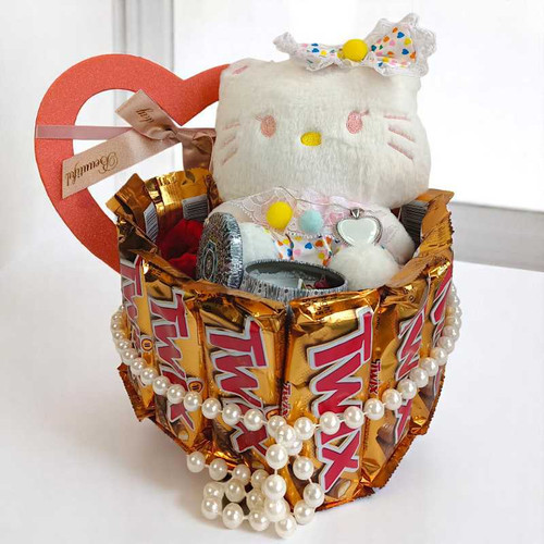 Love & Joy Hamper for Baby Girl: Kitty, Chocolates, Locket & Candle JNK-3752 Giftmandu