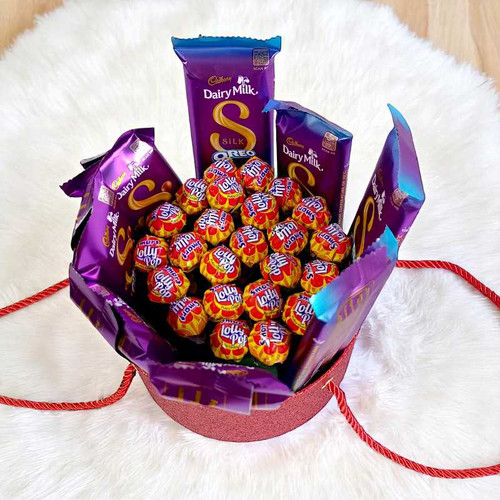 Red Round Gift Box with Cadbury Chocolates & Lollipops