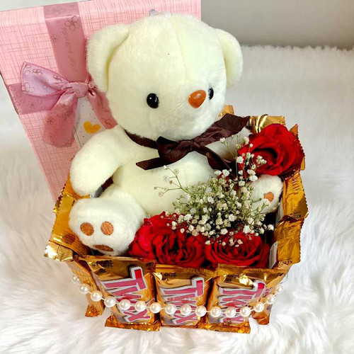 Roses, Teddy And Twix Chocolates Gift Box NKS-687 Giftmandu