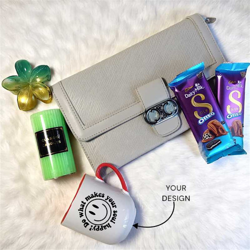 Elegant Gift Hamper for Her with Mug, Clutch & Hair Clip