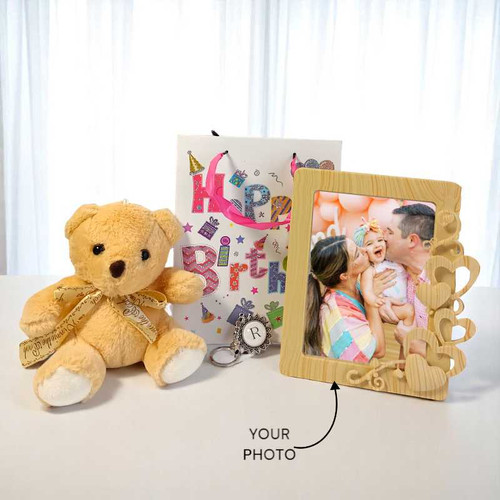 Adorable Personalized Gift Set with Teddy, Photo Frame And Keyring