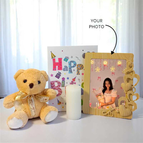 Birthday Gift Combo with Cute Teddy, Personalized Frame & Scented Candle