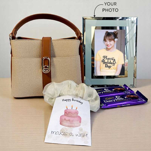 Elegant Birthday Gift Set with Handbag, Crystal Frame And Chocolates