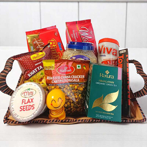 Joyful Gift Basket: Snacks, Chocolates & Spring Emoji Doll