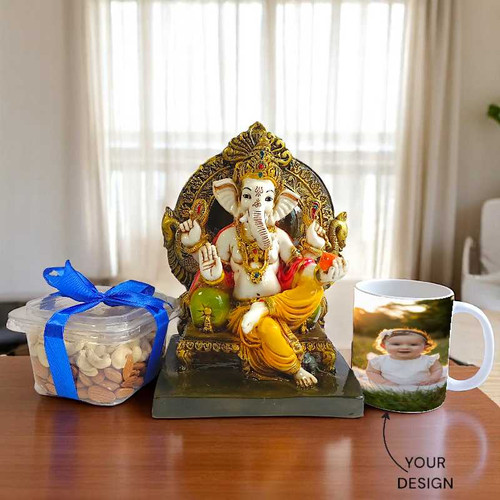 Elegant Gift Set with Ganesha Idol, Dry Fruits And Custom Mug