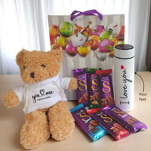 Birthday Surprise Gift Combo with Teddy, Chocolates And Personalized Smart Thermos