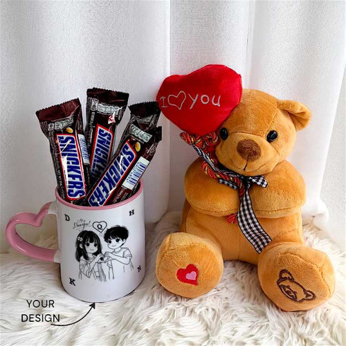 Customized Mug And Teddy Hamper with Snickers Bars