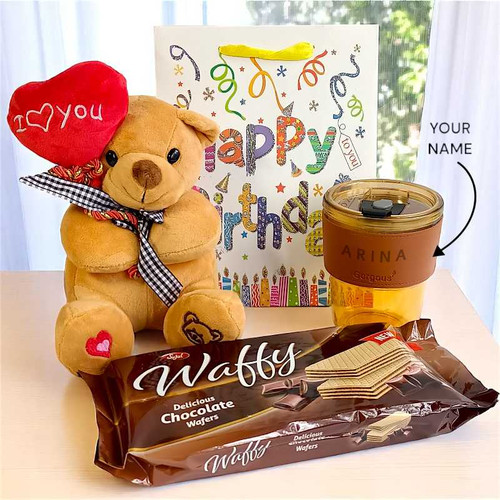 Birthday Gift Set with Teddy, Sipper And Chocolate Wafers