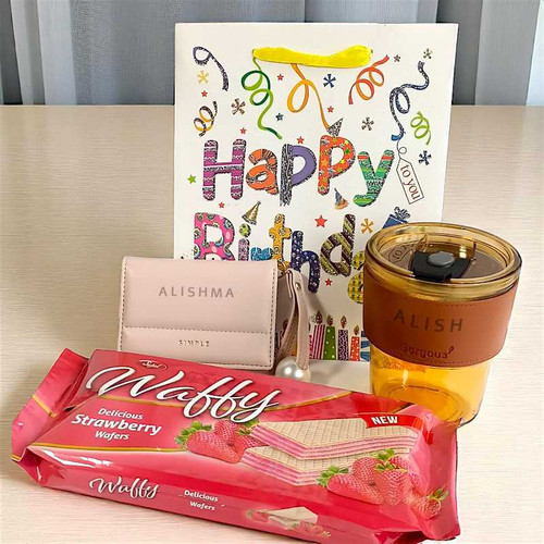 Birthday Gift Set – Wallet & Sipper with Strawberry Wafers