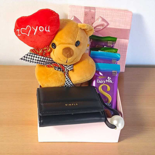 Brown Teddy with Cadbury Chocolates & Wallet Gift for Her