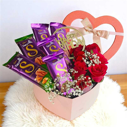 Silk Chocolate And Red Roses Birthday Gift Hamper