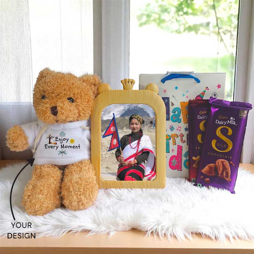Birthday Hamper With Personalized Photo Frame ,Teddy And Cadbury Silk Bars
