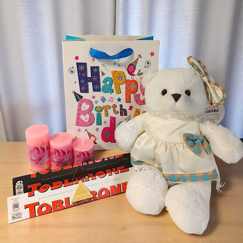 Toblerone Duo, Scented Candles And Teddy in Birthday Bag