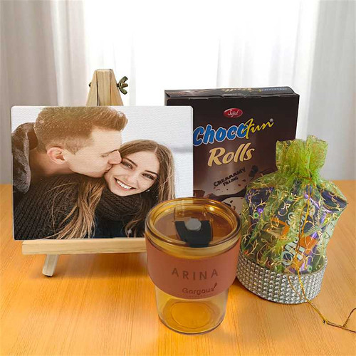 Canvas Photo with Chocolates & Personalized Glass Sipper JNK-3864