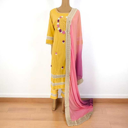 Cotton Kurta With Shawl (Set of 3) - Yellow KRST35-EX
