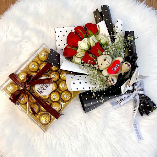White & Red Roses Bouquet With Ferrero Rocher T 24 Set NKS-855