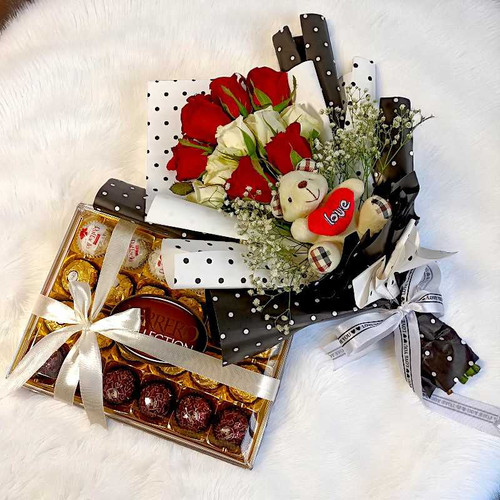 Roses Bouquet & Ferrero Collection Gift Set NKS-856