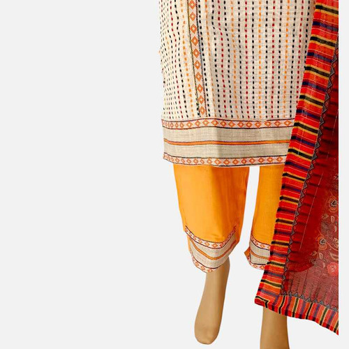 Cotton Kurta Suit With Shawl (Set of 3) - Off White With Orange Pant KRST21 Cotton Kurta Suit With Shawl (Set of 3) - Off White With Orange Pant KRST21