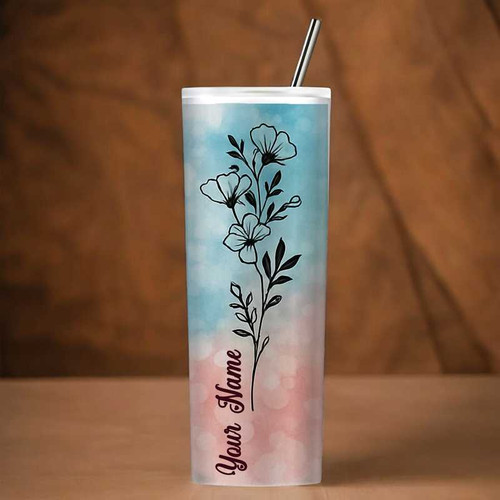 Floral Design Name Engraved on Tumbler Bottle with Straw TUM-8