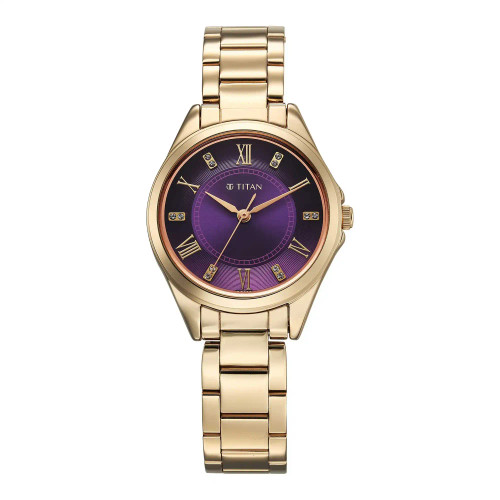 Titan Analog Purple Dial with Rose Gold Stainless Steel Watch For Women 2565WM06