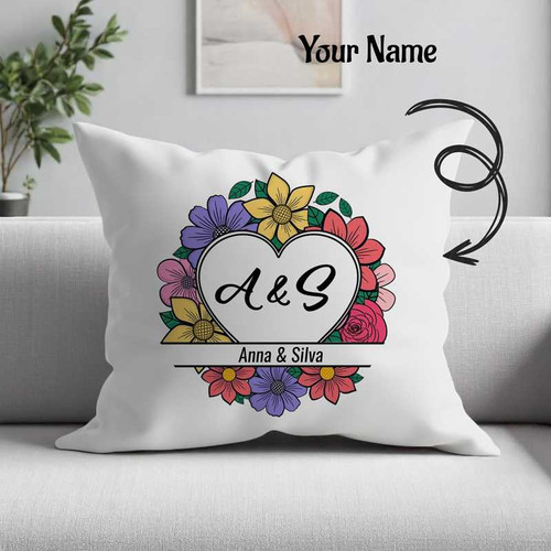 Personalized Couple Name & Your Initial on Floral Design Cushion SC-2