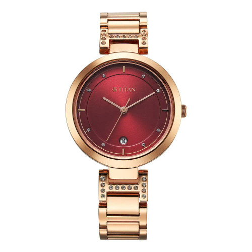 Titan Analog Red Dial with Rose Gold Stainless Steel Watch For Women 2480WM07