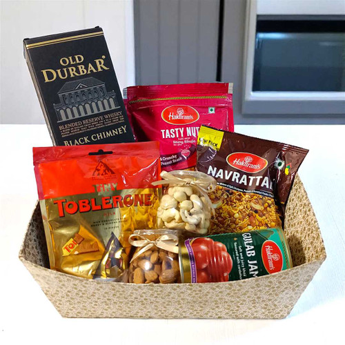 Gift Box with Sweets, Dry Fruits, Chocolates And Whisky NKS-910
