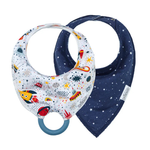 Dr.Brown's Super Soft Bandana Bib with Removeable Teether, Rocket Ships/Stars, 2-Pack