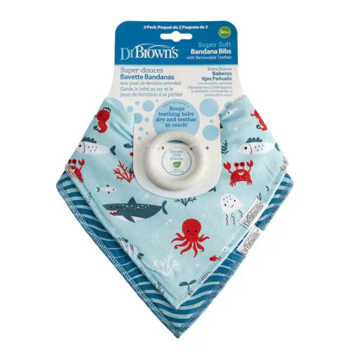 Dr.Brown's Super Soft Bandana Bib with Removable Teether, Sea Creatures/Waves, 2-Pack AC273-CA- P4