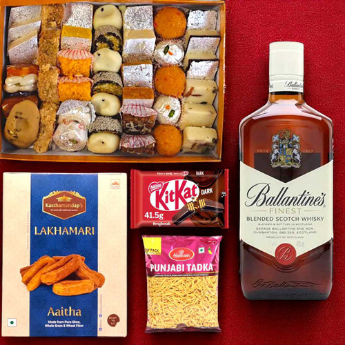 1Kg Mixed Mithai with Whisky And Treats Hamper NKS-927