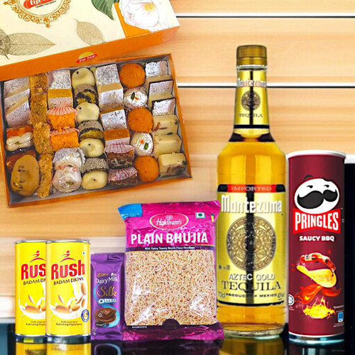 Tequila 750ml with Snacks & Mithai Gift Box JNK-3956 Tequila 750ml with Snacks & Mithai Gift Box JNK-3956