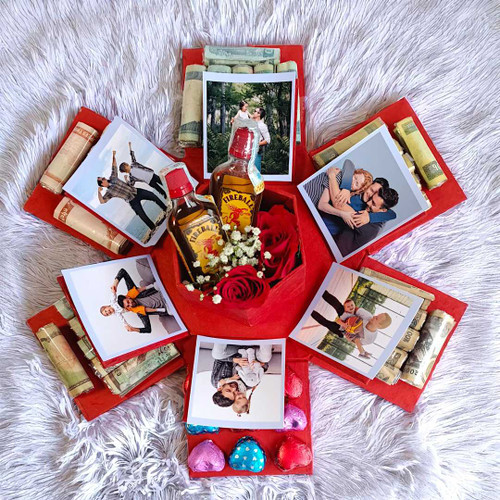 Romantic Gift Box with Whisky 50ml, Rose & Money Bouquet JNK-3969