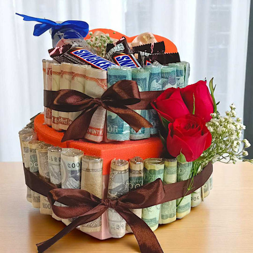 2 Layer Money Bouquet with Vodka 200ml & Rose JNK-3971