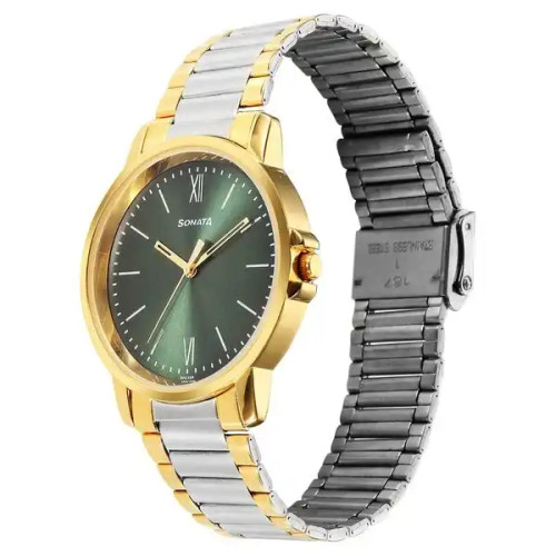 Sonata Traditional Essentials Quartz Analog Green Dial Watch for Men 77083BM01
