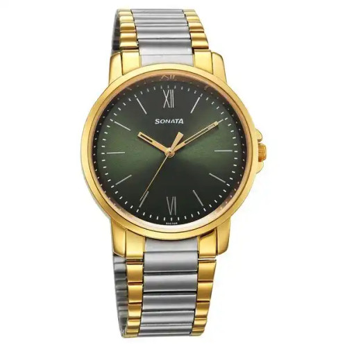 Sonata Traditional Essentials Quartz Analog Green Dial Watch for Men 77083BM01
