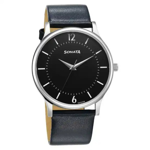 Sonata Aspire Quartz Analog Black Dial Leather Strap Watch for Men 77105SL18