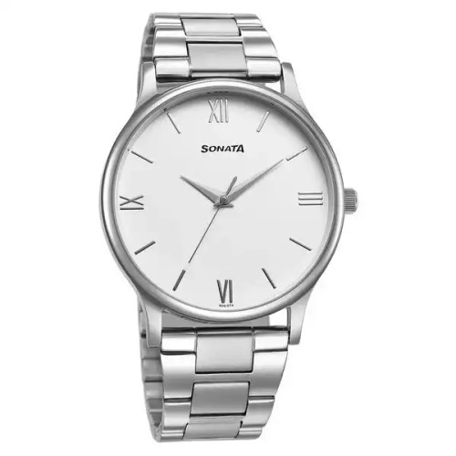Sonata Aspire Quartz Analog White Dial Stainless Steel Strap Watch for Men 77105SM12