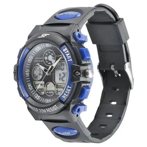 SF Quartz Analog Digital Black Dial PU Strap Watch for Men-Dark Blue Color 77116PP04